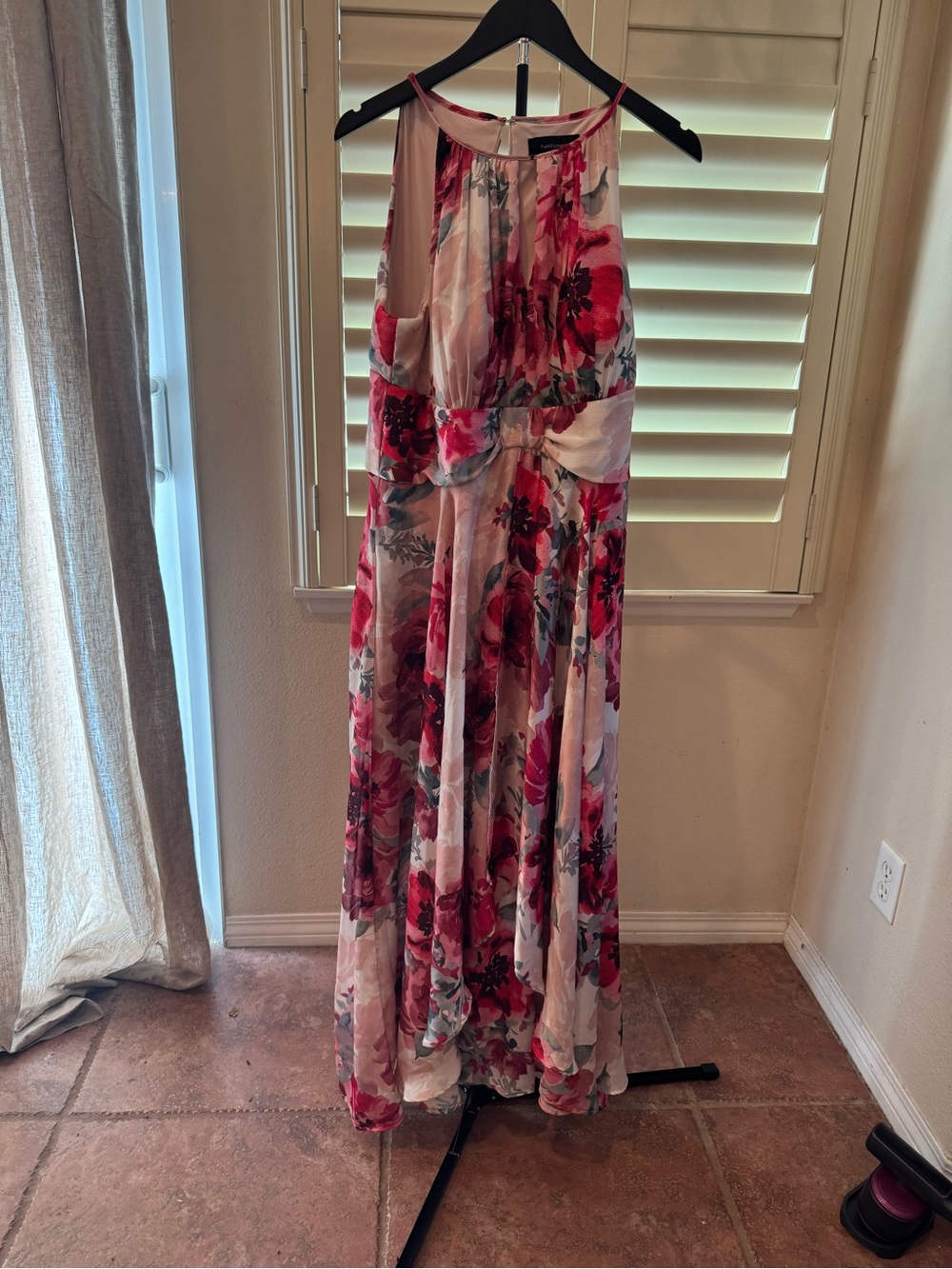 R & M Richards Pink and Red Floral Halter Maxi Dress